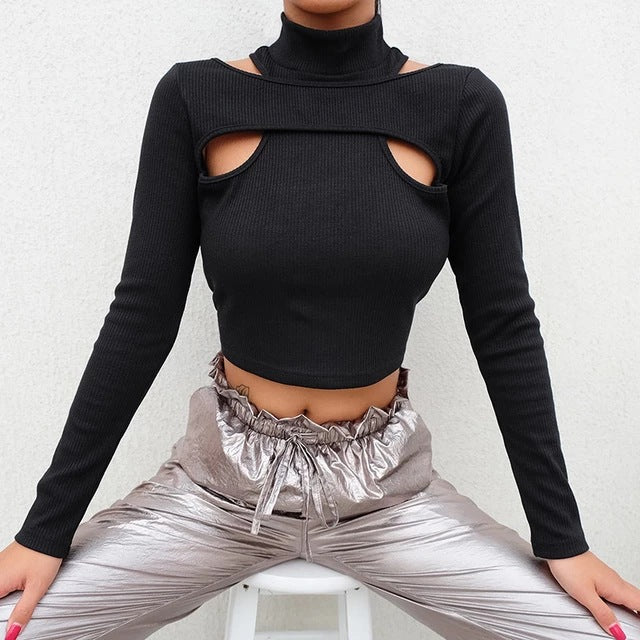 Damen trendiges Oberteil mit Cut-Outs und hohem Kragen EB