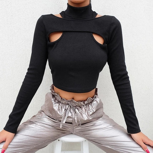 Damen trendiges Oberteil mit Cut-Outs und hohem Kragen EB