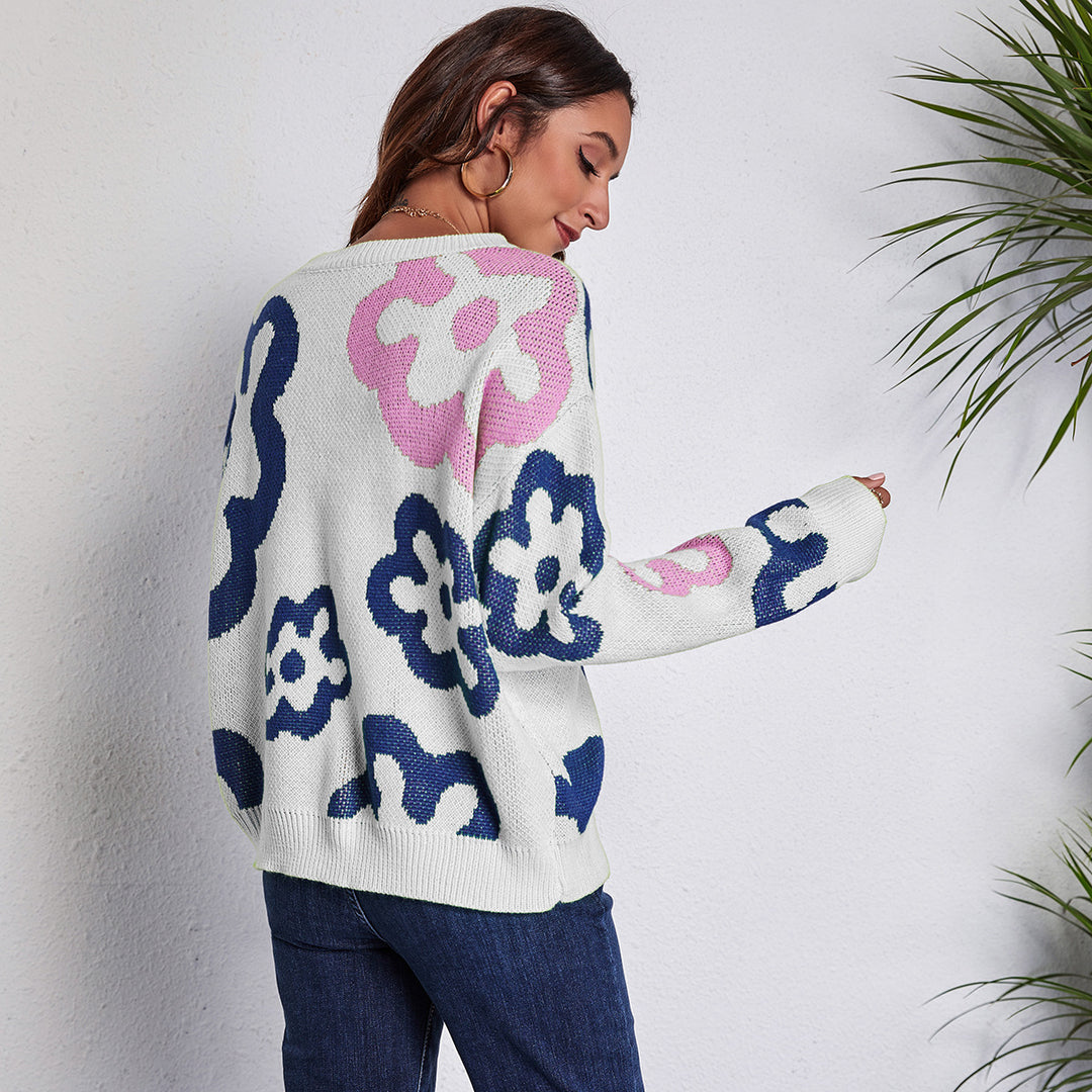 Damen Gemusterter Strickpullover mit floralen Motiven und lässigem Schnitt EB