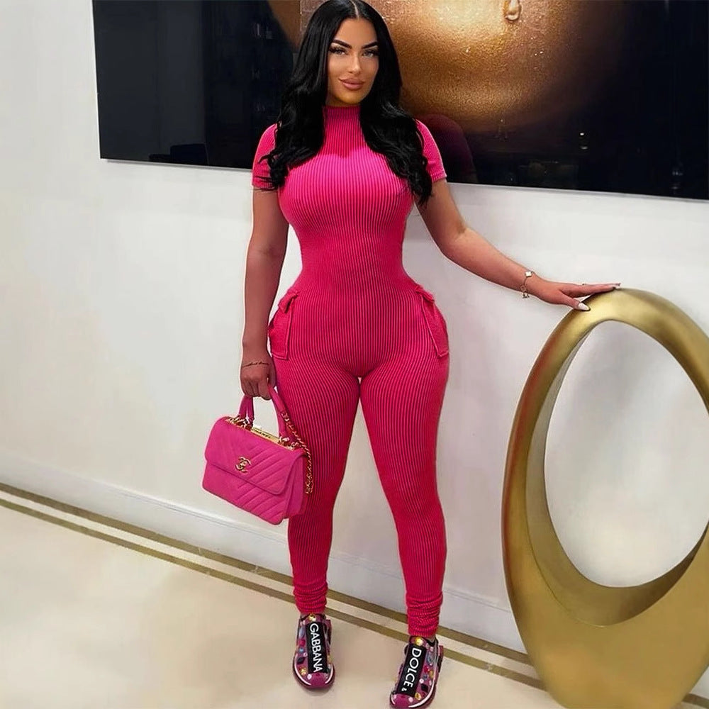 Damen figurbetontes Jumpsuit mit hohem Kragen und Seitentaschen EB