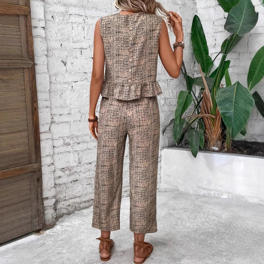 Damen zwei-teiliges Set mit peplum Oberteil und weit geschnittenen Hosen EB