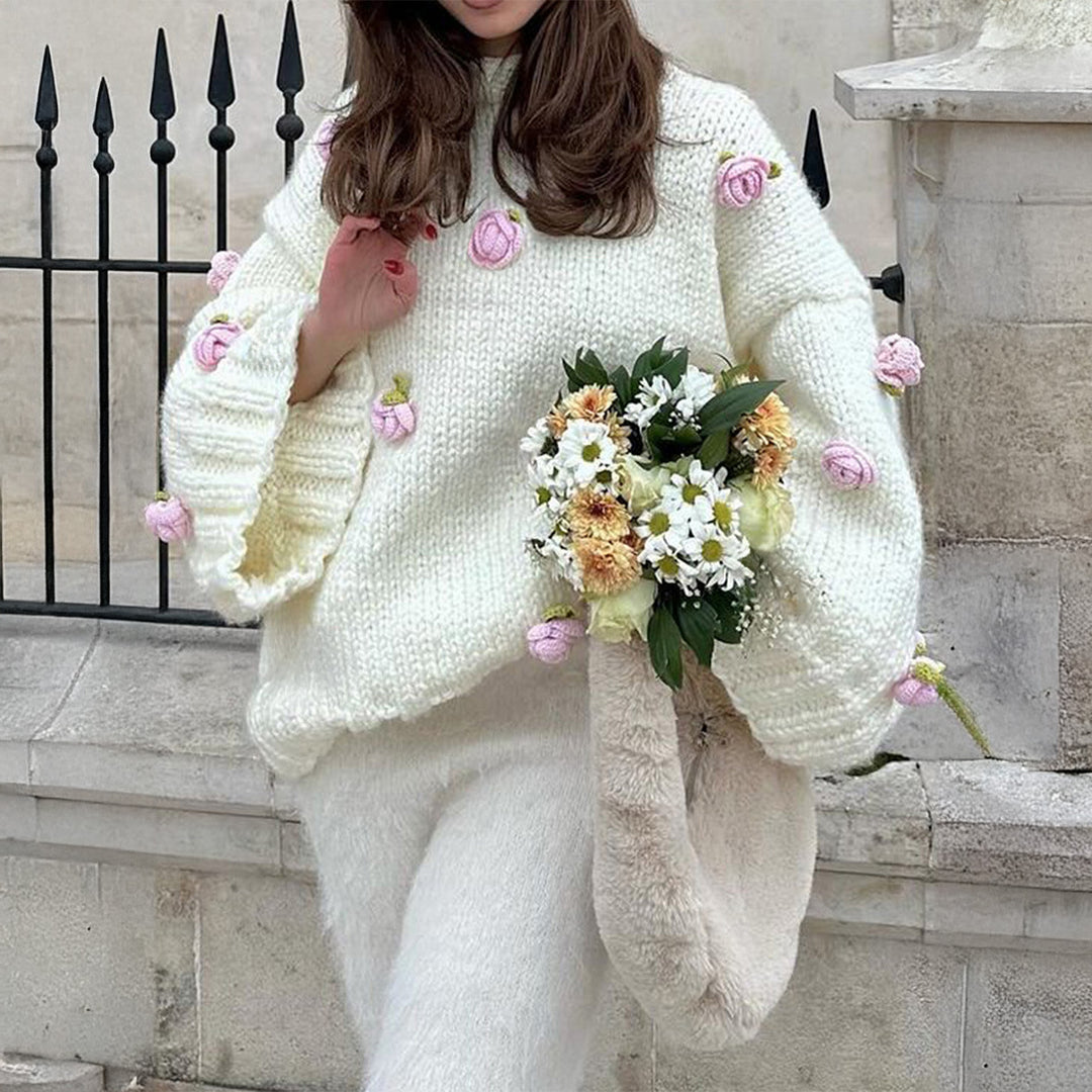 Damen nan Oversize-Strickpullover mit 3D-Blütenapplikationen und weiten Trompetenärmeln EB