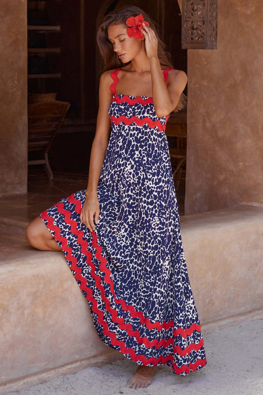 Damen Maxikleid mit elegantem Wellenmuster und fließendem Rock EB