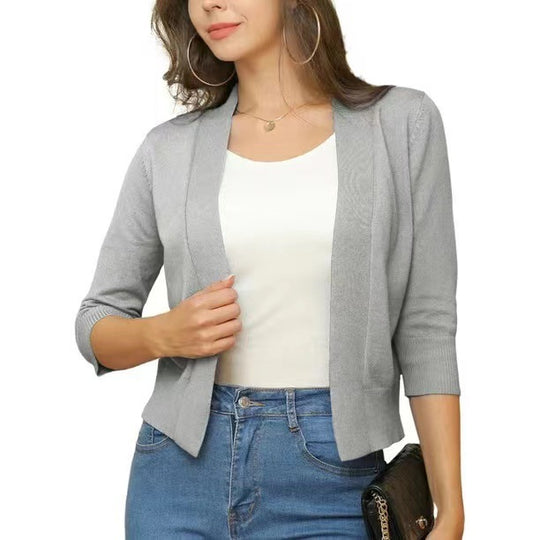 Damen nan offener Kurzcardigan mit dreiviertelärmeln und elastischem Saum EB