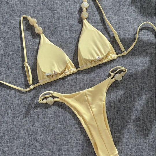 Damen Triangel-Bikini mit dekorativen Perlenakzenten und feinem Minimaldesign EB