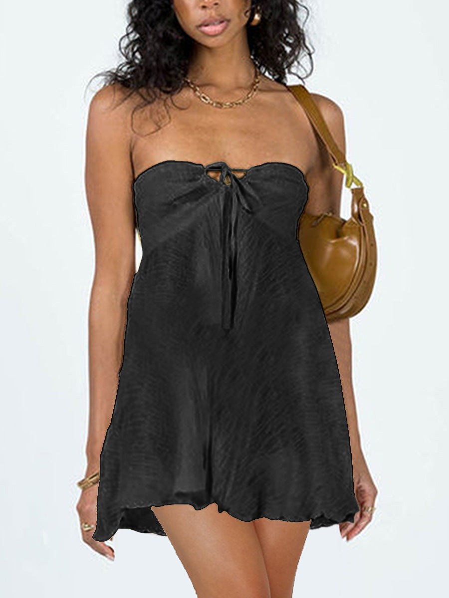 Damen Strandkleid mit schulterfreiem Design und verspielt gebundenem Kordelzug EB