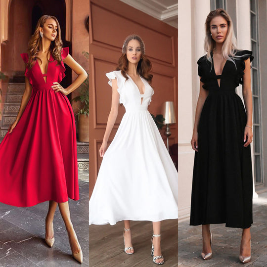Damen Maxikleid mit raffiniertem V-Ausschnitt und voluminösen Rüschenärmeln EB