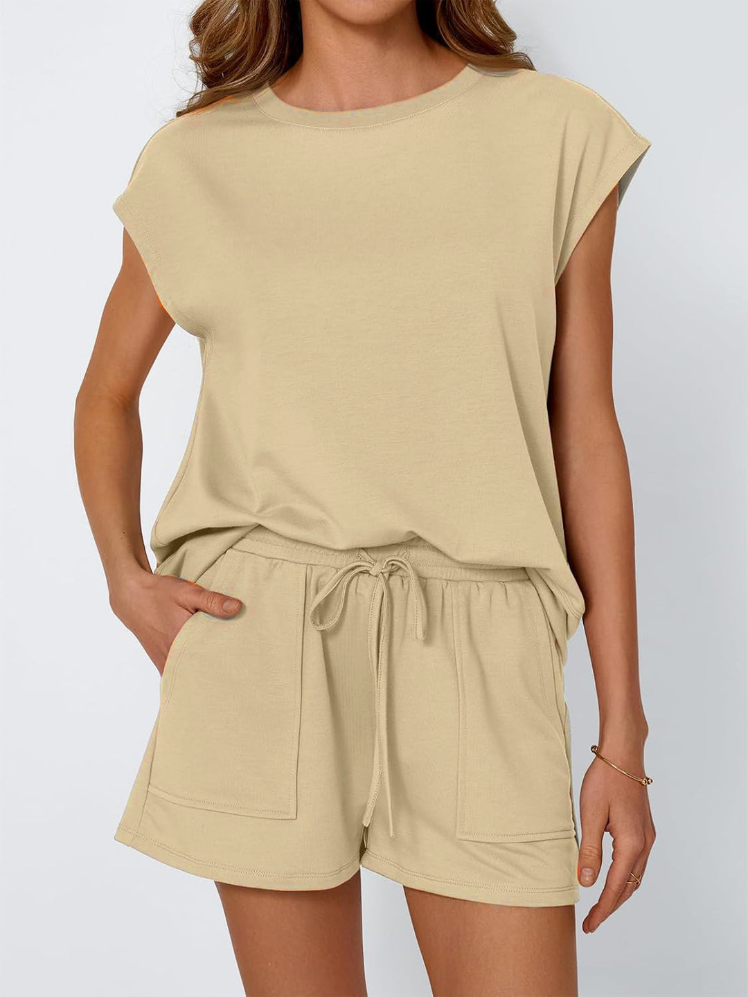 Damen lässiges Zweiteiliges Set mit weitem Oberteil und Shorts EB