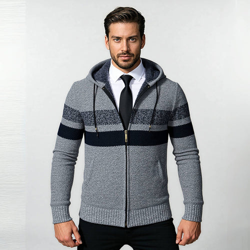 Herren stylische Strickjacke mit Kapuze und innovativem Design EB