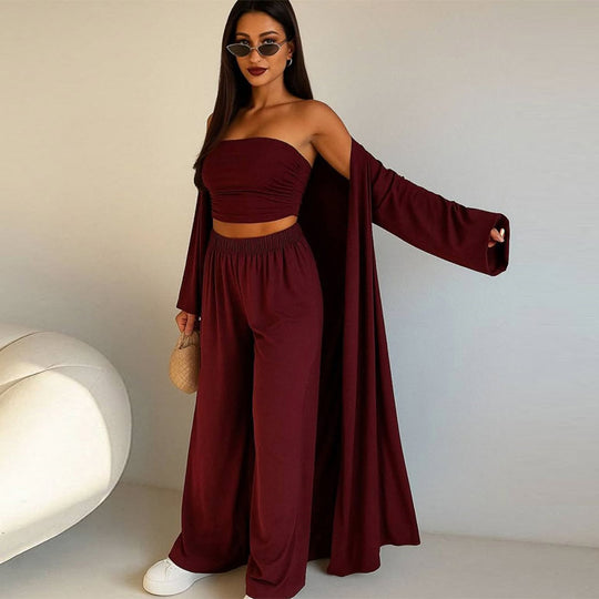 Damen elegantes 3-teiliges Set mit weitem Hosen und tailliertem Oberteil EB