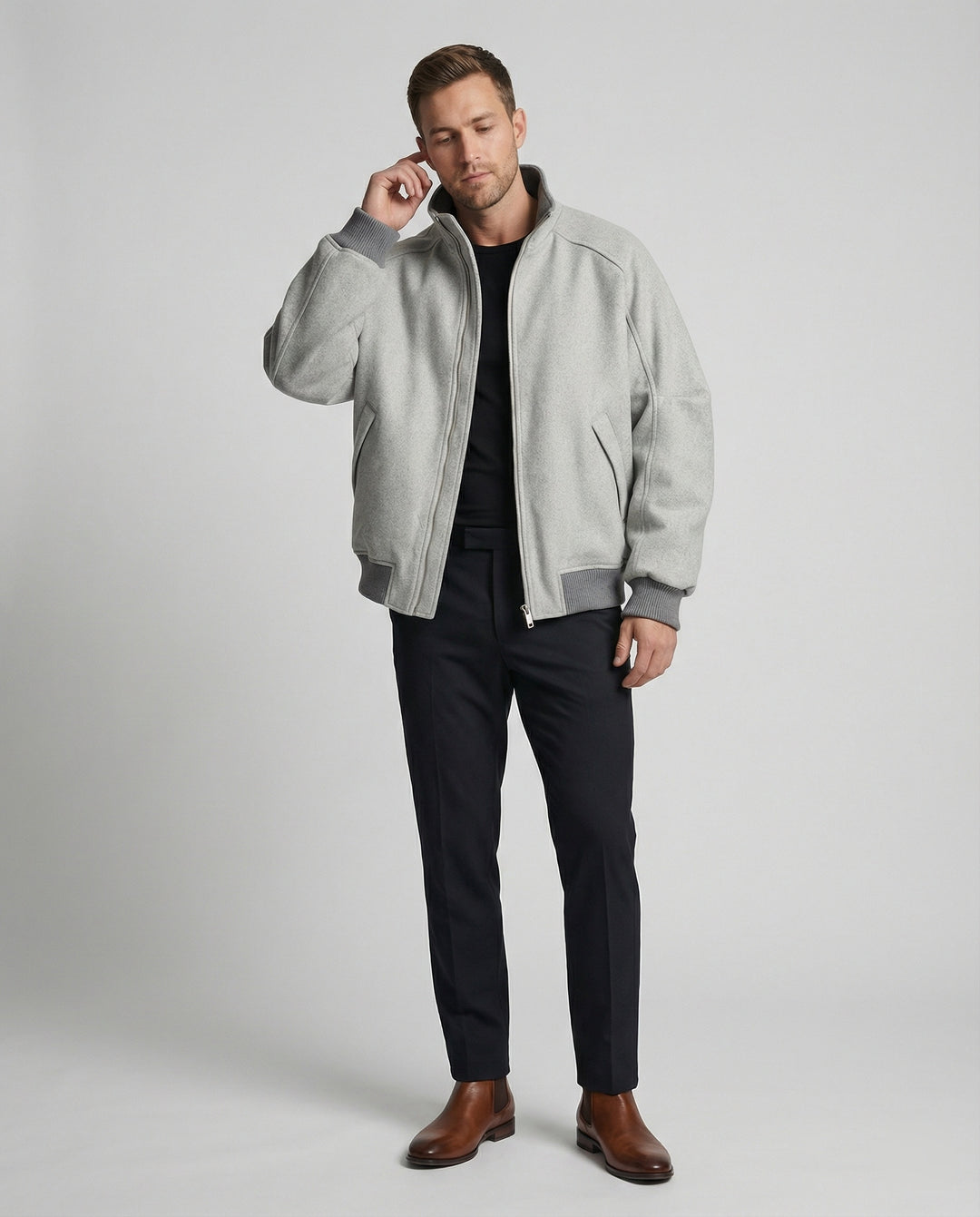 Herren Oversize-Wollmix-Blouson mit hohem Stehkragen verdecktem Zweiwege-Reißverschluss und gerippten Ärmelbündchen EB