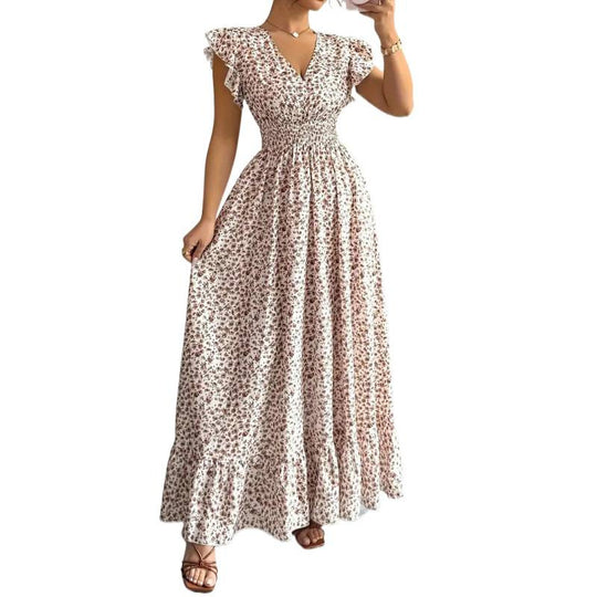 Damen Maxikleid mit floralem Rüschendesign und elastischem Taillenteil EB