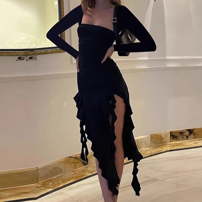 Damen elegantes und figurbetontes Abendkleid mit Rüschen und abgestimmtem Oberteil EB
