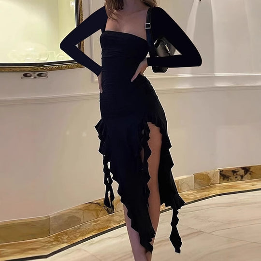 Damen elegantes und figurbetontes Abendkleid mit Rüschen und abgestimmtem Oberteil EB