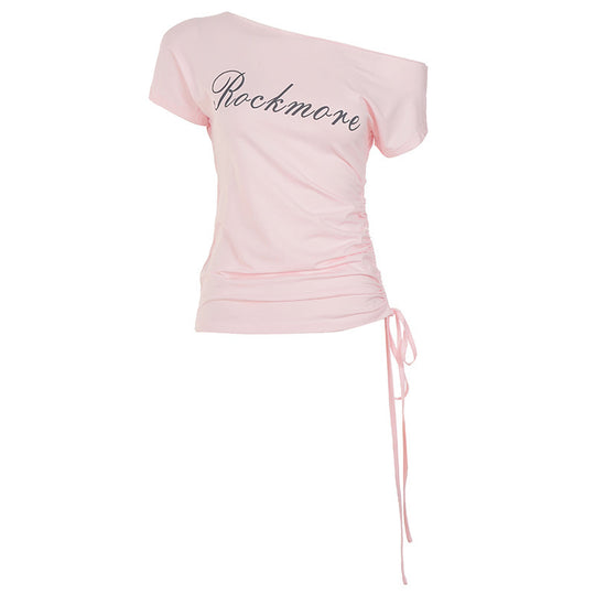 Damen Off-Shoulder T-Shirt mit Raffungen und modischem Schriftzug EB