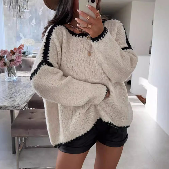 Damen Grobstrickpullover mit kontrastierendem Abschluss und lockerem Schnitt EB