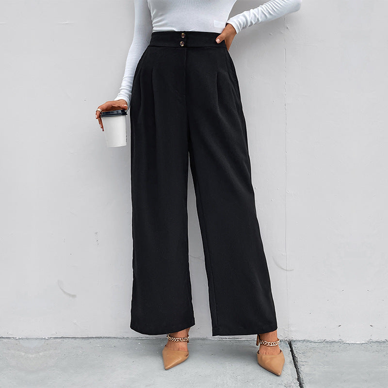 Damen elegante Hochtaillen-Breite Hose mit strukturiertem Stoff und dekorativen Knopfdetails EB