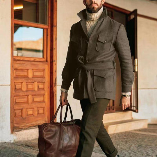 Herren multifunktionale Wool-Jacke mit Gürtel und Taschen EB