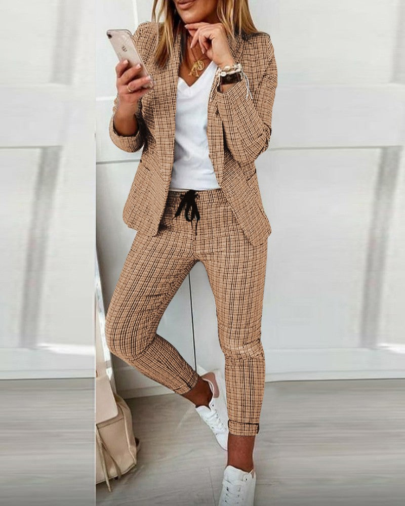 Damen nan Smart-Casual Blazer-Set mit offenem Longblazer und tapered Jogpant mit Kordelzug EB