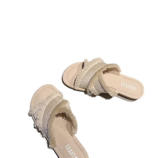 Damen Pantolette mit fransigem Design und softer Innensohle EB