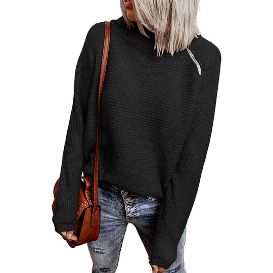 Damen lässiger Strickpullover mit hochgeschlossenem Kragen und dekorativen Nähten EB