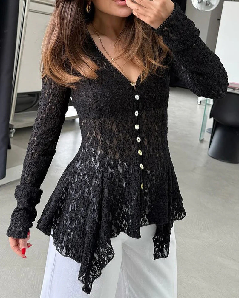 Damen romantische Spitzenbluse mit asymmetrischem Saum und Knopfdetails EB
