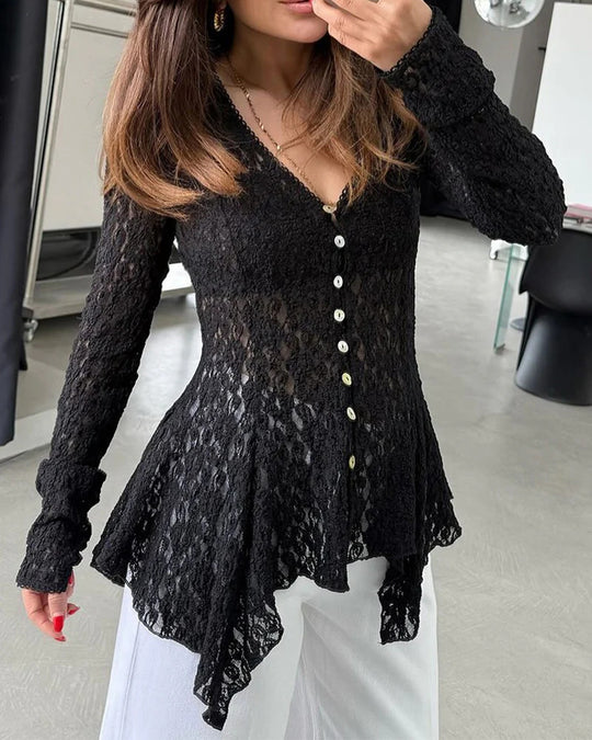 Damen romantische Spitzenbluse mit asymmetrischem Saum und Knopfdetails EB