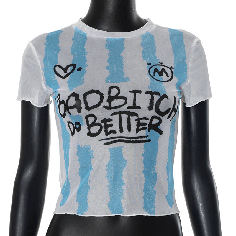 Damen Crop-Top mit kreativem Grafikdruck und figurbetontem Schnitt EB