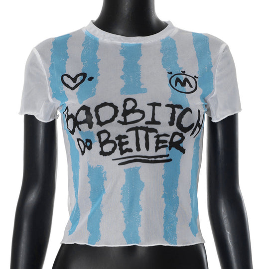 Damen Crop-Top mit kreativem Grafikdruck und figurbetontem Schnitt EB