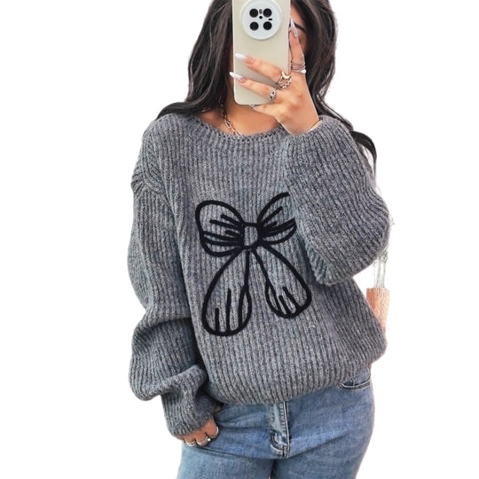 Damen Grobstrickpullover mit verspieltem Schleifenmotiv EB