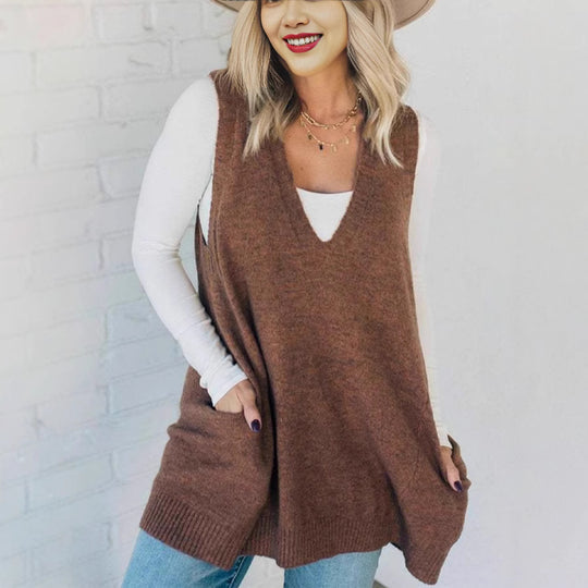 Damen Bequemer Strick-Poncho mit seitlichen Taschen EB