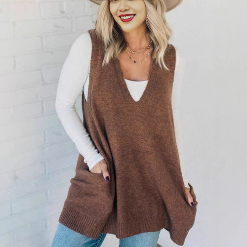 Damen Bequemer Strick-Poncho mit seitlichen Taschen EB