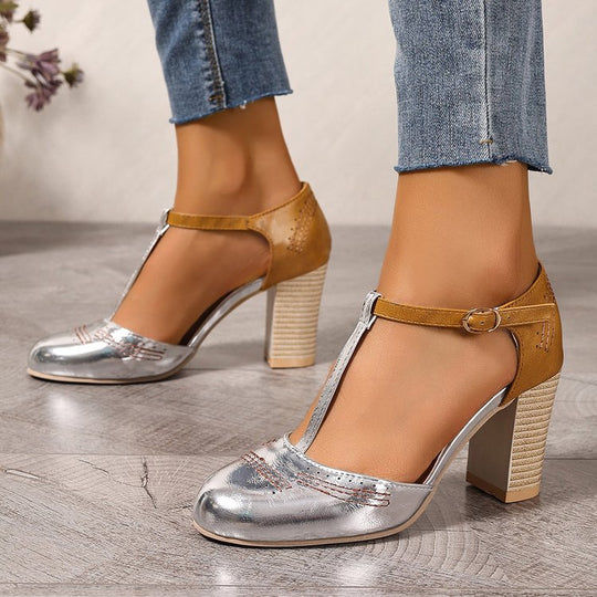 Damen elegante T-Strap Sandalen mit Blockabsatz EB