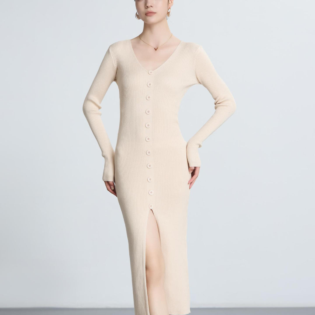 Damen Langes Strickkleid mit V-Ausschnitt und durchgehender Knopfleiste EB