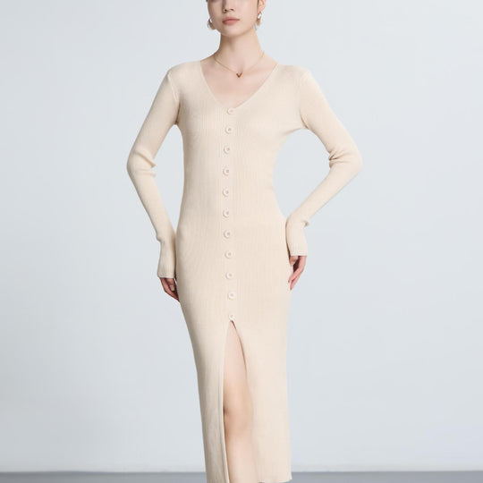 Damen Langes Strickkleid mit V-Ausschnitt und durchgehender Knopfleiste EB