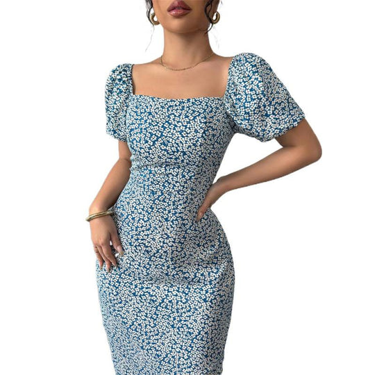 Damen Midikleid mit schulterfreien Puffärmeln und floralem Muster EB