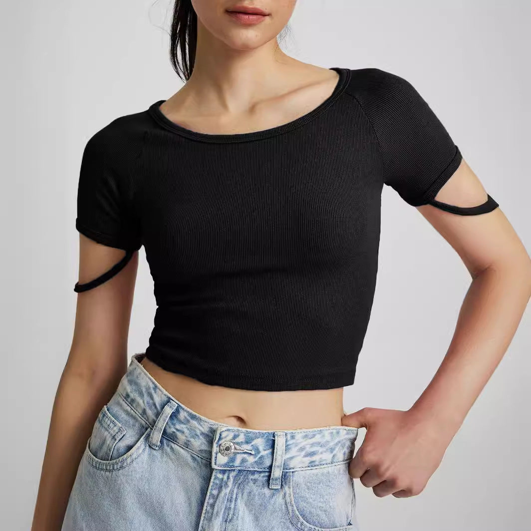 Damen kurzärmliges enganliegendes Crop-Top mit Rundhalsausschnitt EB