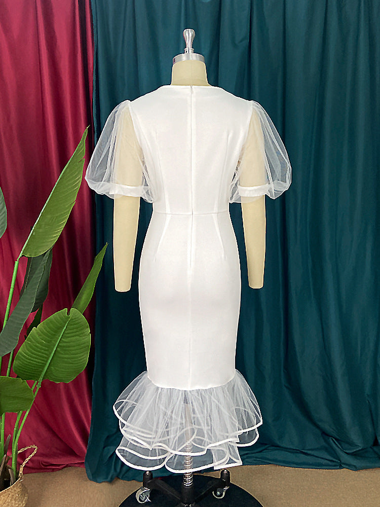 Damen elegantes figurbetontes Kleid mit Tüllärmeln und Rüschenabschluss EB