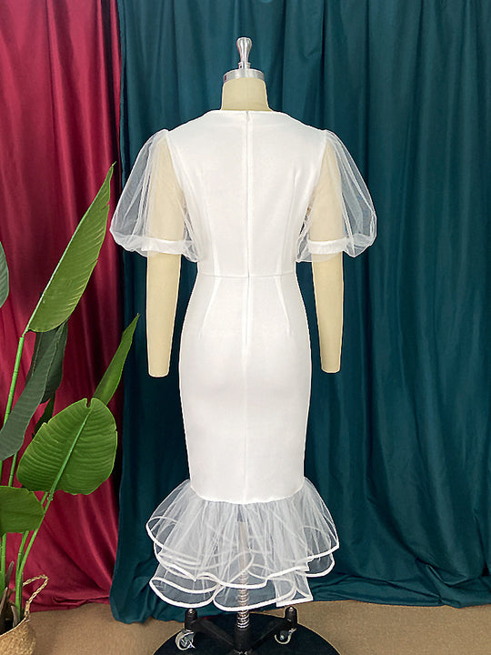 Damen elegantes figurbetontes Kleid mit Tüllärmeln und Rüschenabschluss EB