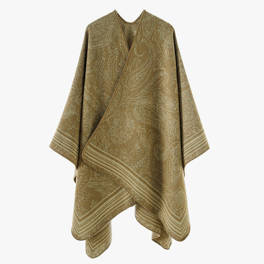 Damen Jacquard-Poncho im Ruana-Schnitt mit Paisley-Muster und breiter Bordüre EB