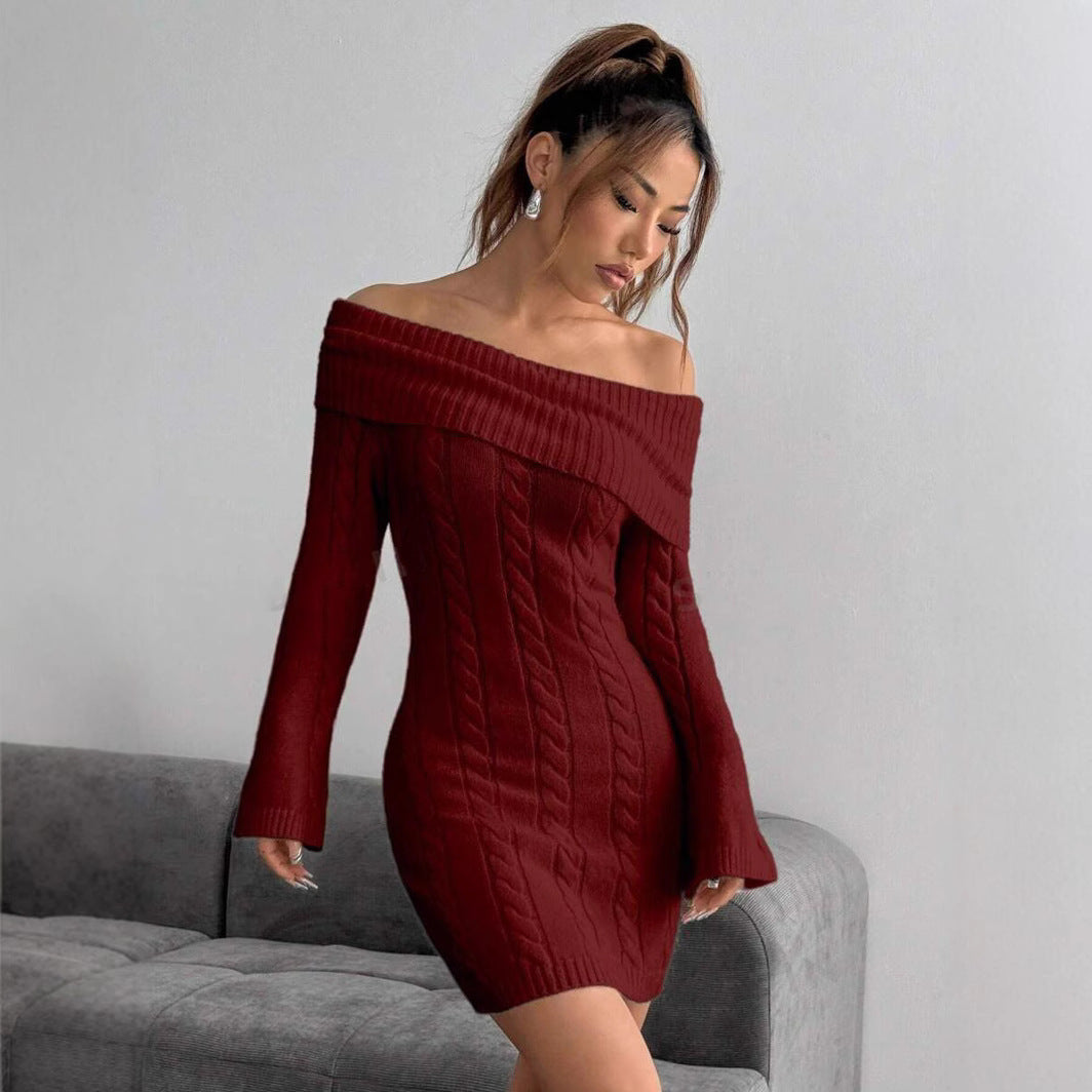 Damen figurbetontes Strickkleid mit weitem Ausschnitt EB
