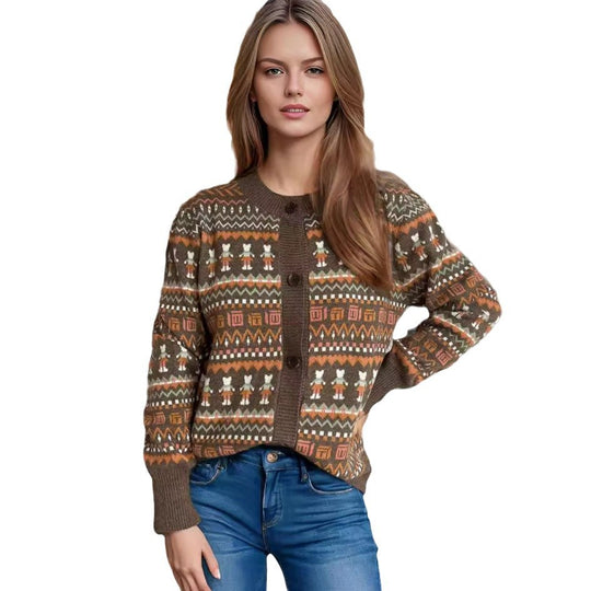 Damen Strickjacke mit farbenfrohem geometrischem Muster und praktischen Knöpfen EB