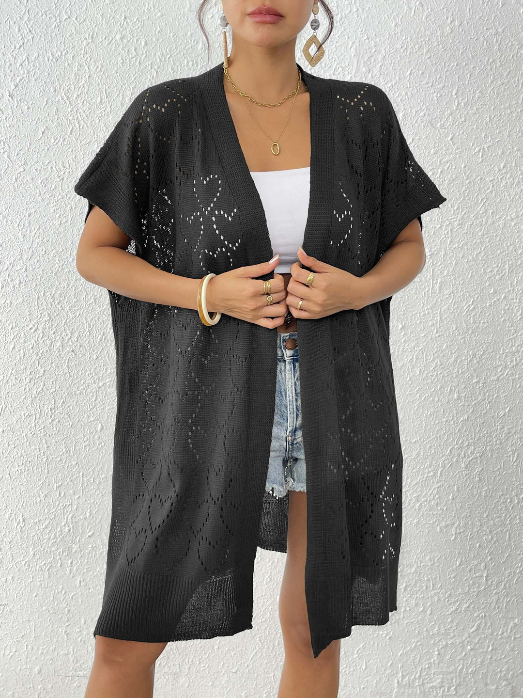 Damen luftiger Strick-Kimono mit floralem Lochmuster EB