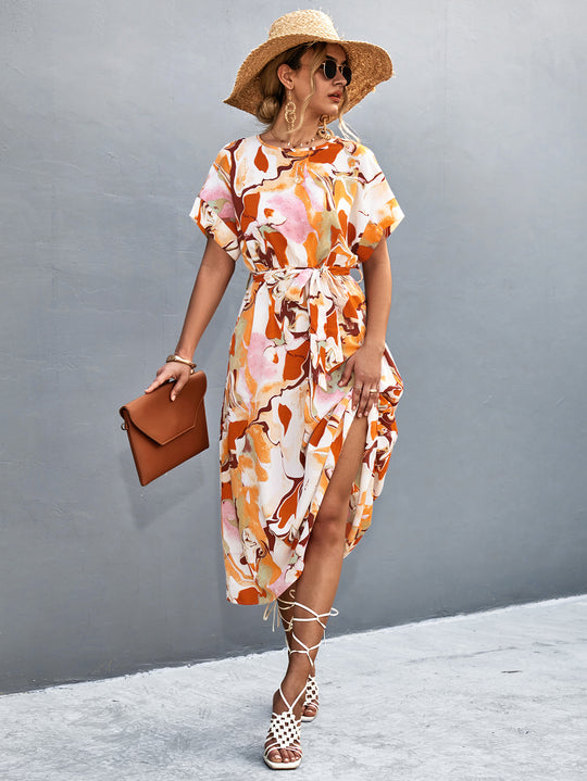 Damen Maxi-Kleid mit fließendem Schnitt und bindbarem Taillengürtel EB