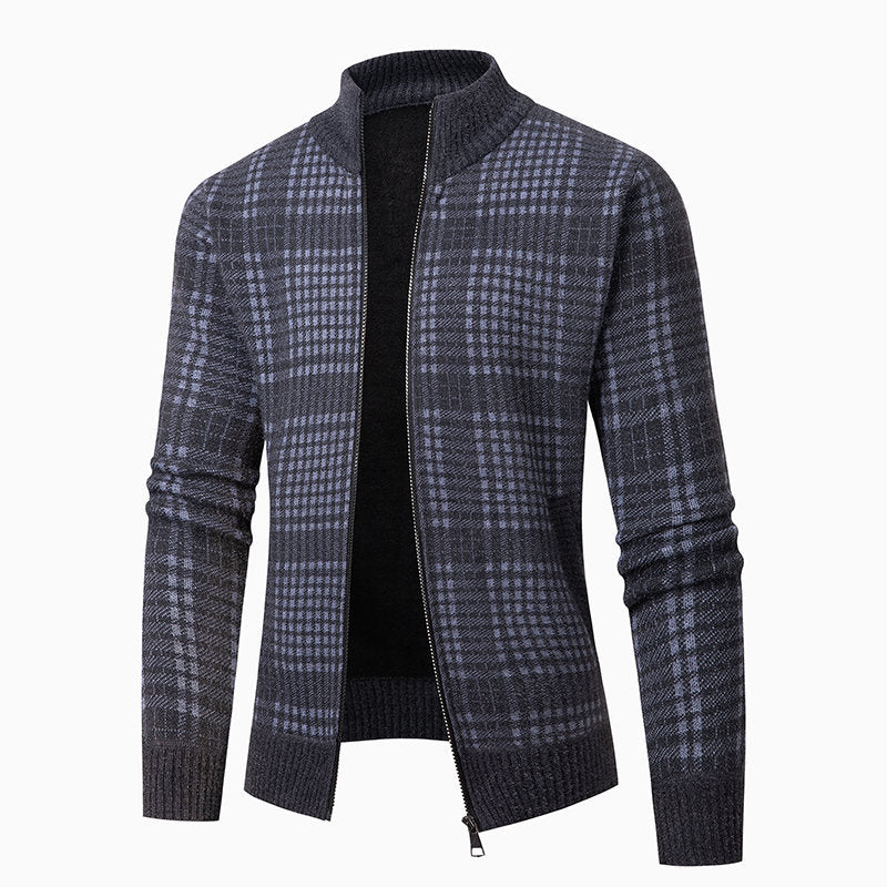 Herren modische Strickjacke mit hohem Kragen und stilvollem Karomuster EB