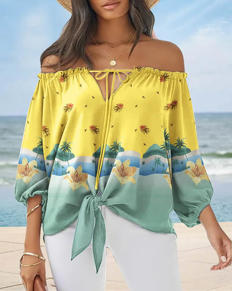 Damen Off-Shoulder Bluse mit floralem Design und Bindegürtel EB