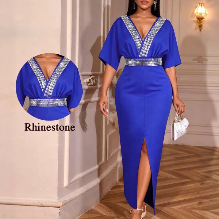 Damen elegantes Maxi-Kleid mit Pailletten und Schlitz EB