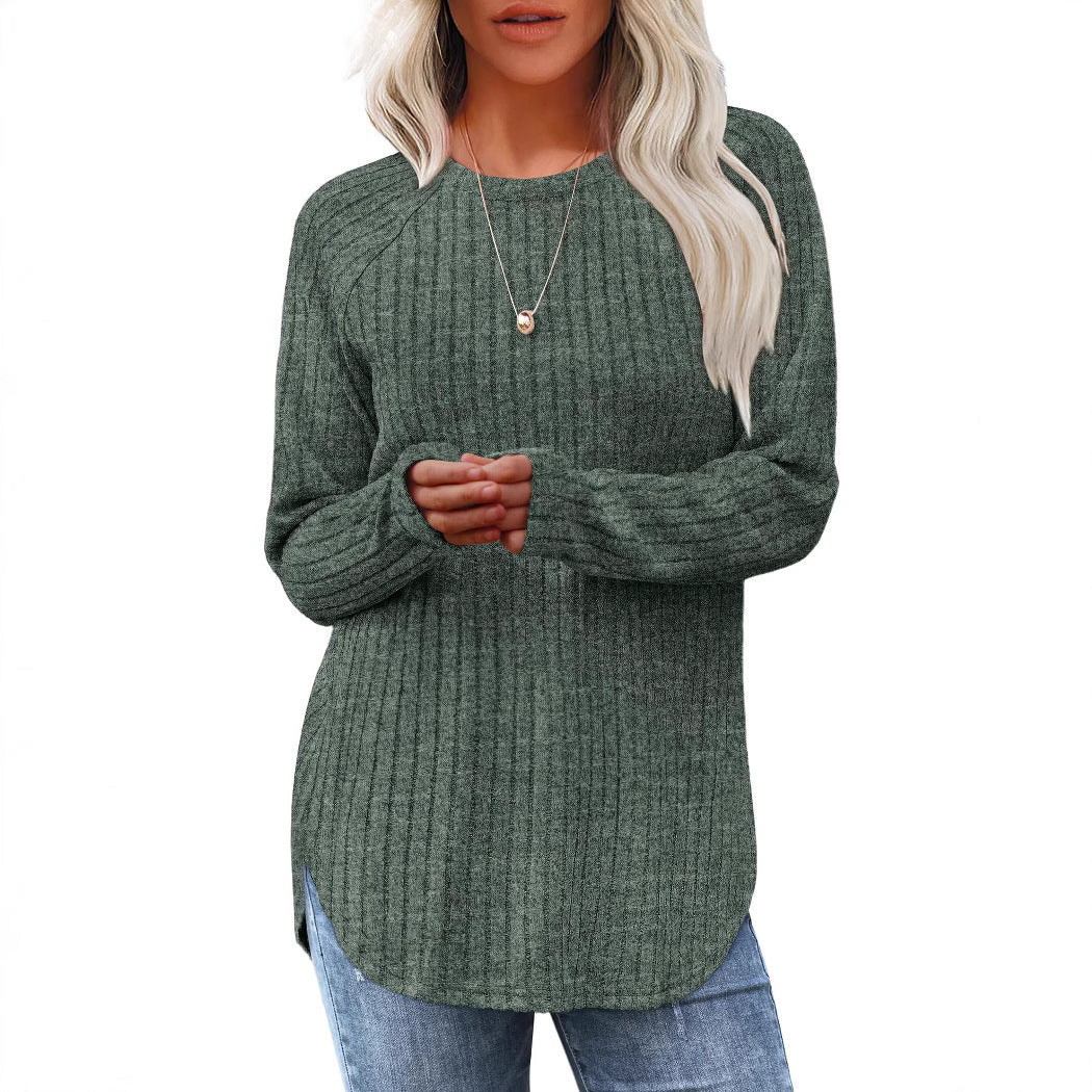 Damen lässiges Rippenstrickshirt mit langem Arm und Seitenschlitzen EB
