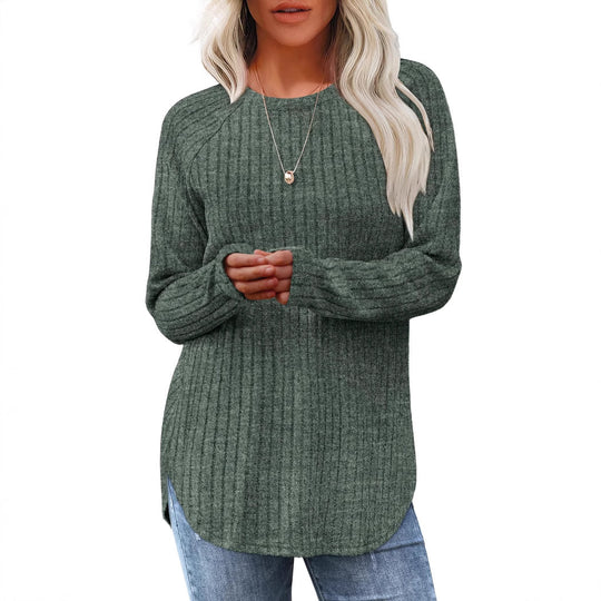 Damen lässiges Rippenstrickshirt mit langem Arm und Seitenschlitzen EB
