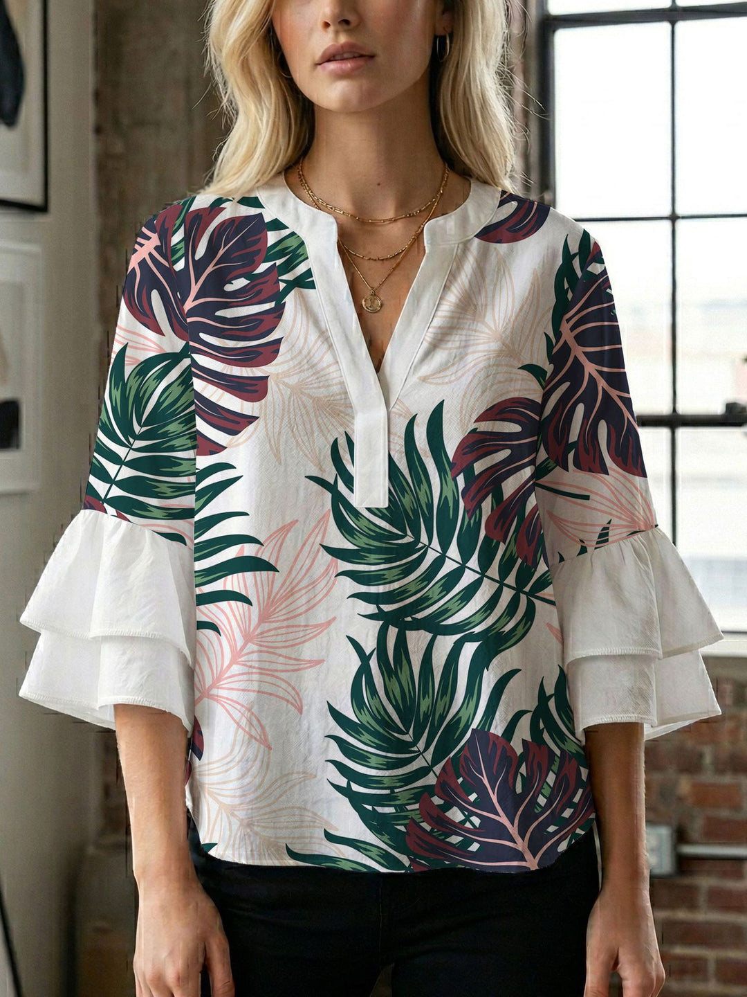 Damen Blusenshirt mit voluminösen Ärmeln und kreativem Druckdesign EB